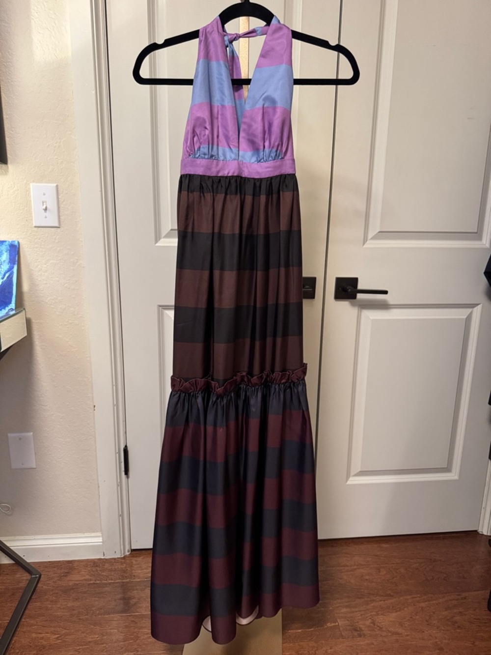 Cynthia Rowley Lavender and Blue Halter Maxi Dress with Brown and Black Stripes
